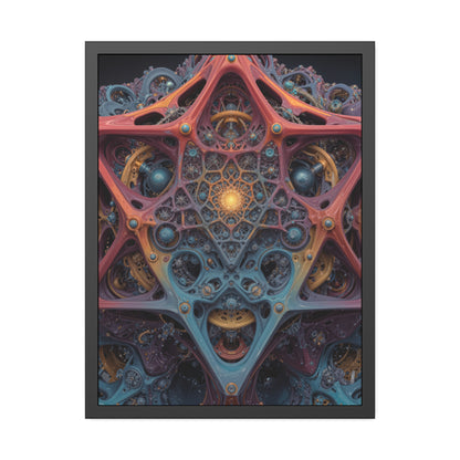 The Geometry of Surrender — Framed Fine Art Print, 24 × 32 in — interlocking coral and blue forms around a golden center
