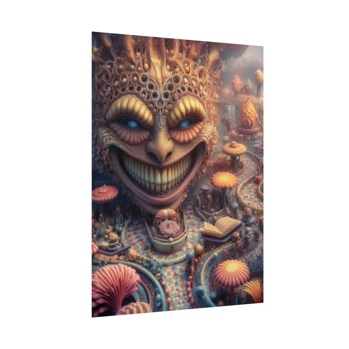 The Invitation Beneath the Grin — Rolled Art Print, 18 × 24 in — ornate grinning face above winding mosaic paths and coral garden forms