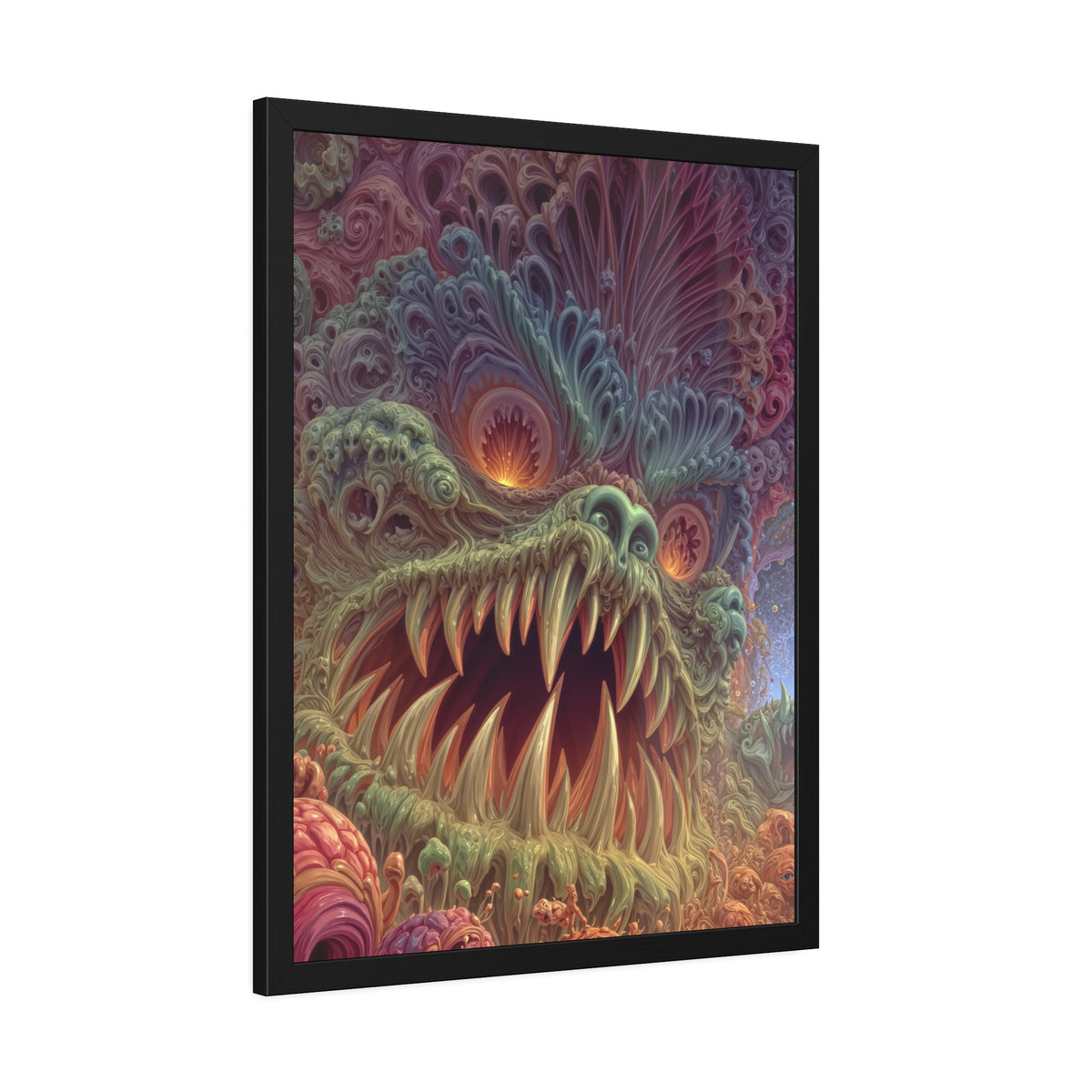 Where Fear Becomes a Passage — Framed Fine Art Print, 24 × 32 in — fanged creature with glowing eyes amid sage and mauve organic forms