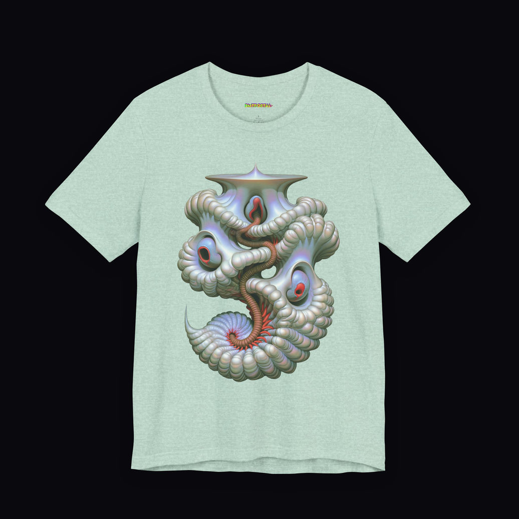 Pale curling vessel with coral openings on a Heather Prism Mint DMTPORTAL T-shirt