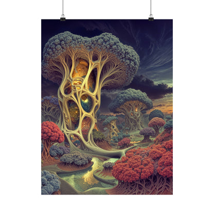 The Quiet Architecture of Becoming — Matte Art Poster, 18 × 24 in — luminous lattice trees beside a winding river