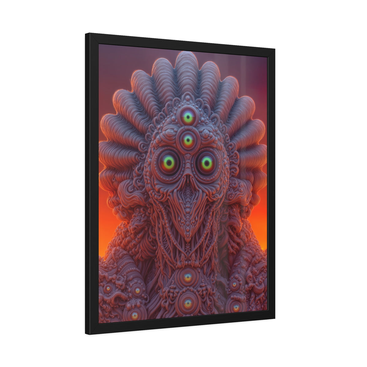 Where Every Gaze Becomes a Center — Framed Fine Art Print, 24 × 32 in — many-eyed figure with a rippling crown against an orange sky