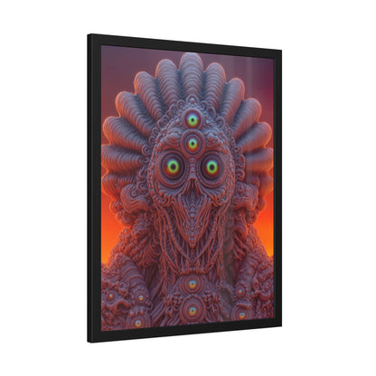 Where Every Gaze Becomes a Center — Framed Fine Art Print, 24 × 32 in — many-eyed figure with a rippling crown against an orange sky