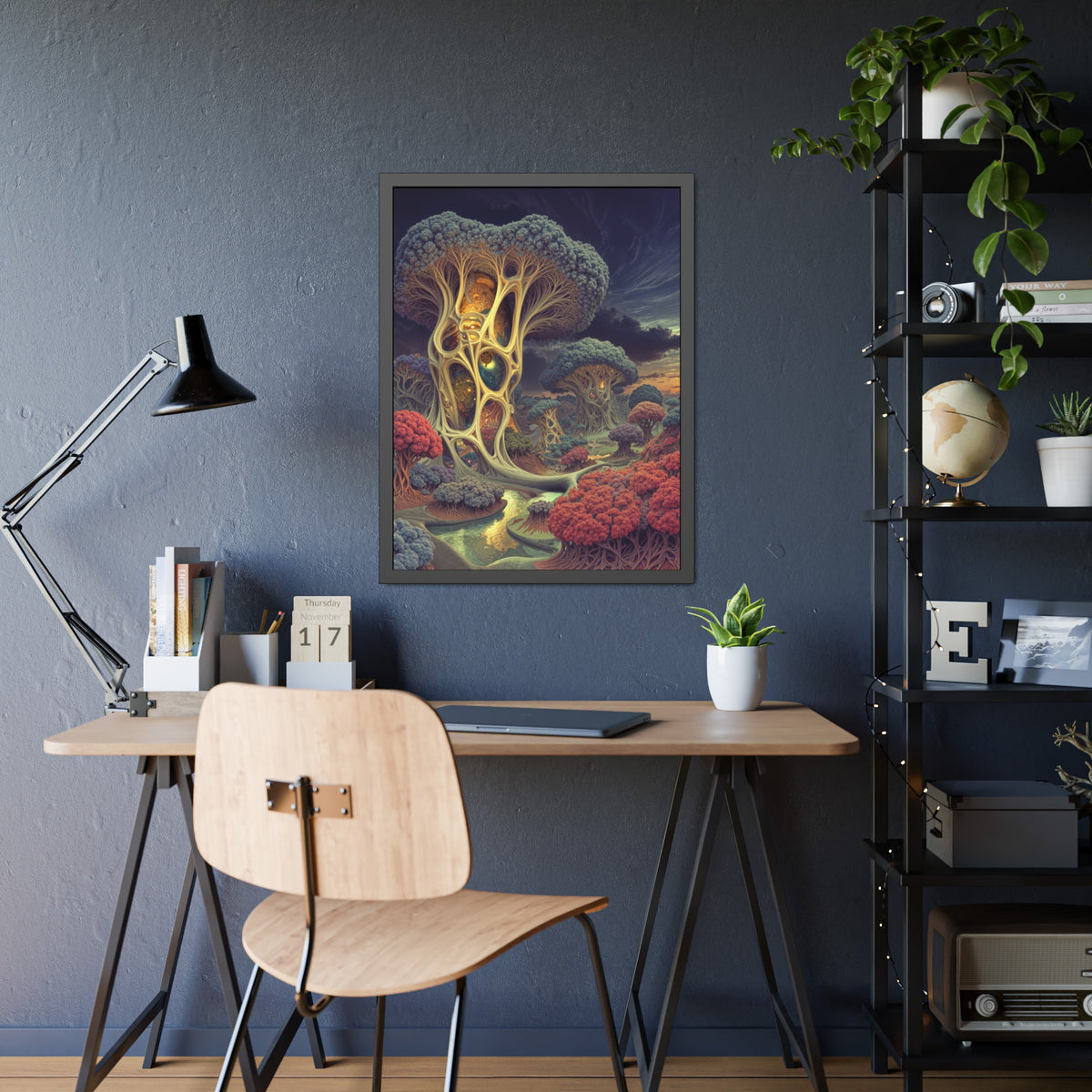 The Quiet Architecture of Becoming — Framed Fine Art Print, 24 × 32 in — luminous lattice trees and coral groves beside a winding river