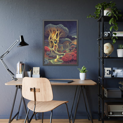 The Quiet Architecture of Becoming — Framed Fine Art Print, 24 × 32 in — luminous lattice trees and coral groves beside a winding river
