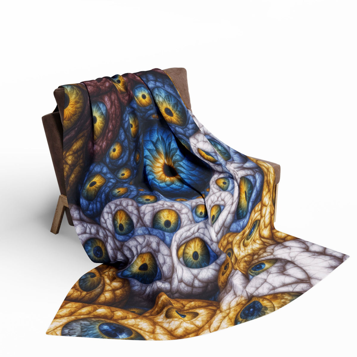 The Many Eyes of One Awareness — Arctic Fleece Blanket, 60 × 80 in — interwoven blue and gold eyes in ivory, ochre and mauve forms
