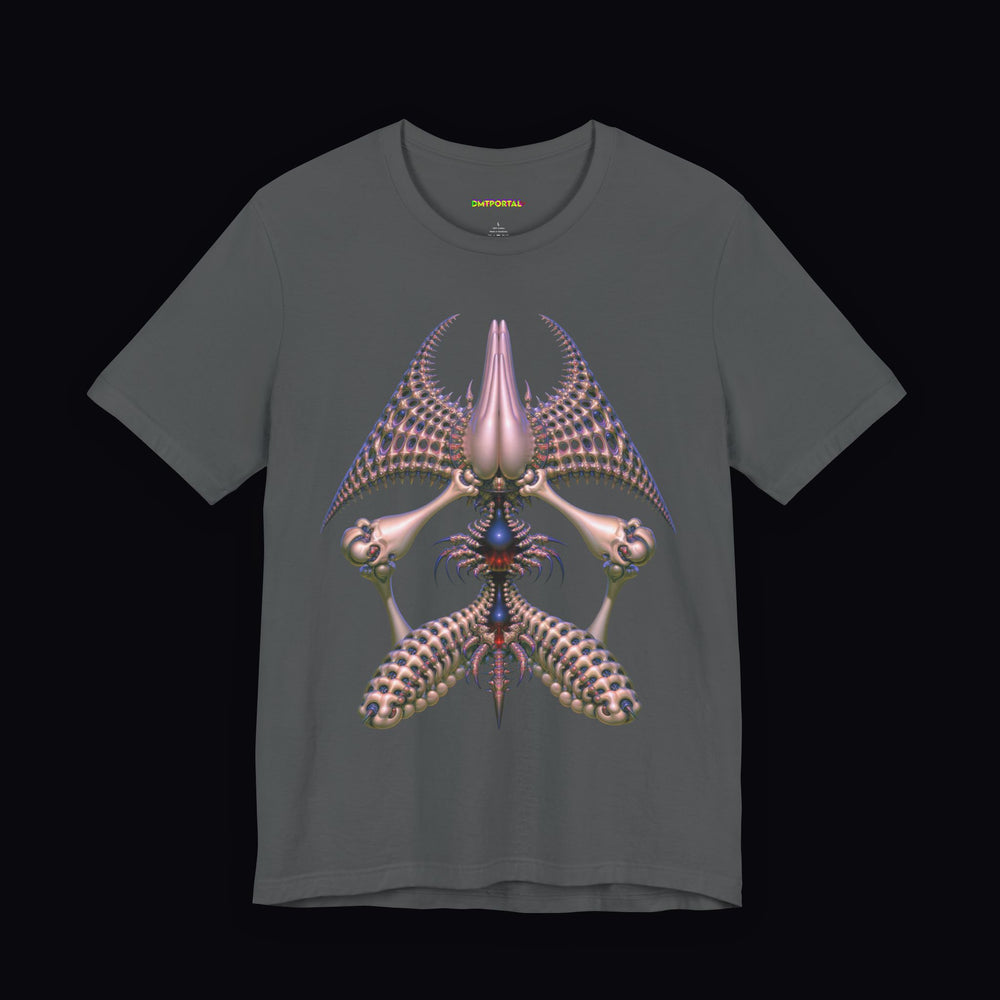 Pale rose and violet symmetrical skeletal structure on an Asphalt DMTPORTAL T-shirt