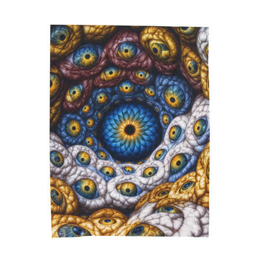 The Many Eyes of One Awareness — Velveteen Plush Blanket, 60 × 80 in — interwoven blue and gold eyes in ivory, ochre and mauve forms