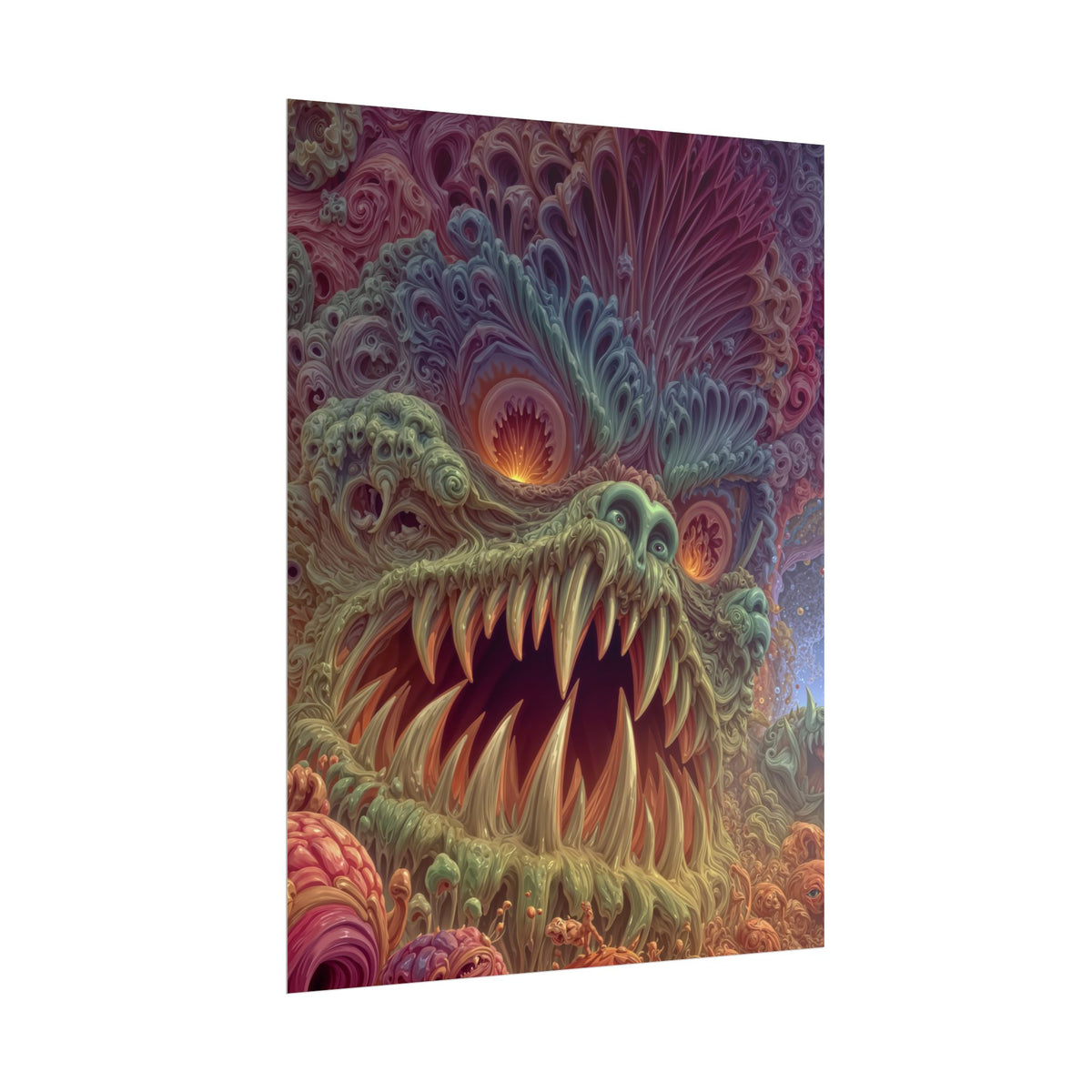Where Fear Becomes a Passage — Rolled Art Print, 18 × 24 in — fanged creature with glowing eyes amid sage and mauve organic forms
