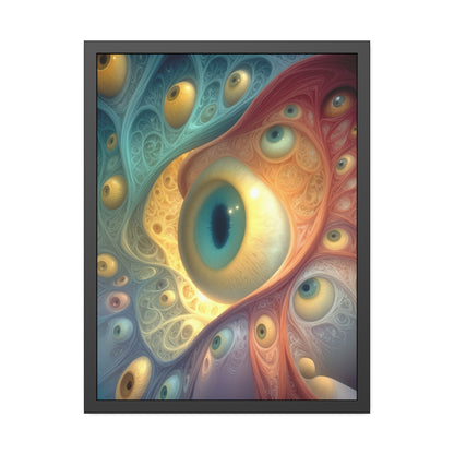 A Chorus of Seeing 24 × 32 inch fine art print in a black pinewood frame, featuring golden and teal psychedelic eyes