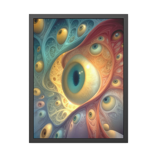 A Chorus of Seeing 24 × 32 inch fine art print in a black pinewood frame, featuring golden and teal psychedelic eyes