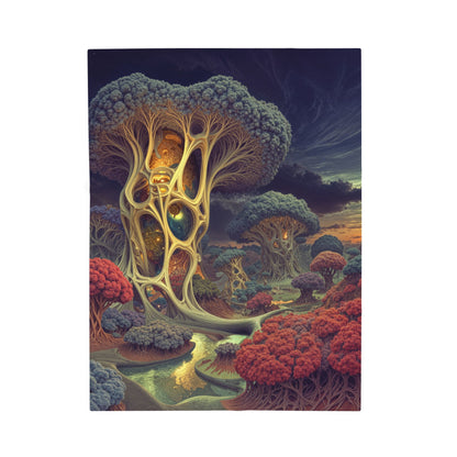 The Quiet Architecture of Becoming — Velveteen Plush Blanket, 30 × 40 in — luminous lattice trees and a winding river