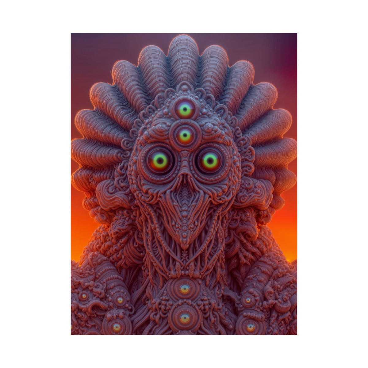 Where Every Gaze Becomes a Center — Matte Art Poster, 18 × 24 in — many-eyed figure with a rippling crown against an orange sky