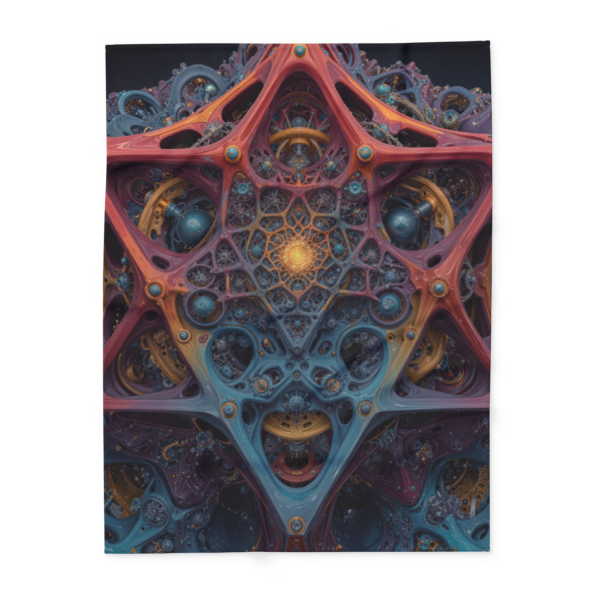 The Geometry of Surrender — Arctic Fleece Blanket, 60 × 80 in — interlocking coral and blue forms around a golden center