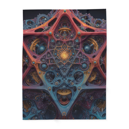 The Geometry of Surrender — Arctic Fleece Blanket, 60 × 80 in — interlocking coral and blue forms around a golden center