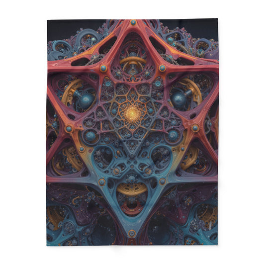 The Geometry of Surrender — Arctic Fleece Blanket, 60 × 80 in — interlocking coral and blue forms around a golden center