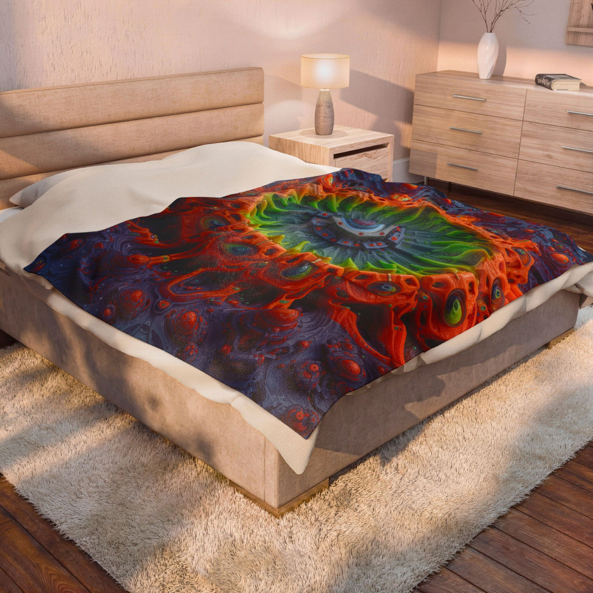 The Center Is a Choreography — Velveteen Plush Blanket, 60 × 80 in — orange and lime radial machinery with a violet core