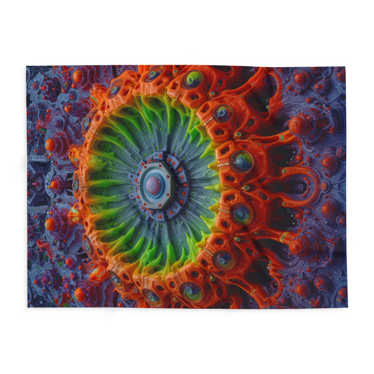 The Center Is a Choreography — Arctic Fleece Blanket, 60 × 80 in — orange and lime radial machinery with a violet core