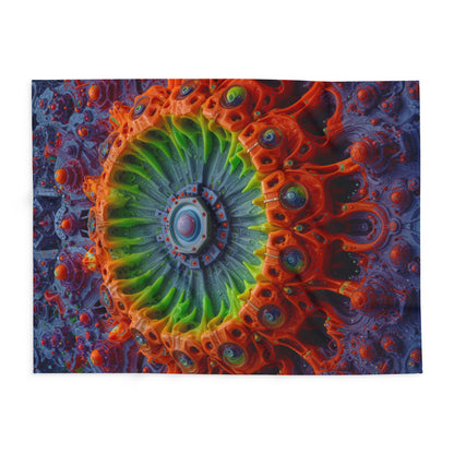 The Center Is a Choreography — Arctic Fleece Blanket, 60 × 80 in — orange and lime radial machinery with a violet core
