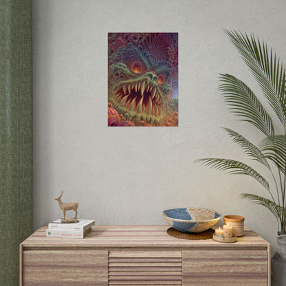 Where Fear Becomes a Passage — Rolled Art Print, 18 × 24 in — fanged creature with glowing eyes amid sage and mauve organic forms