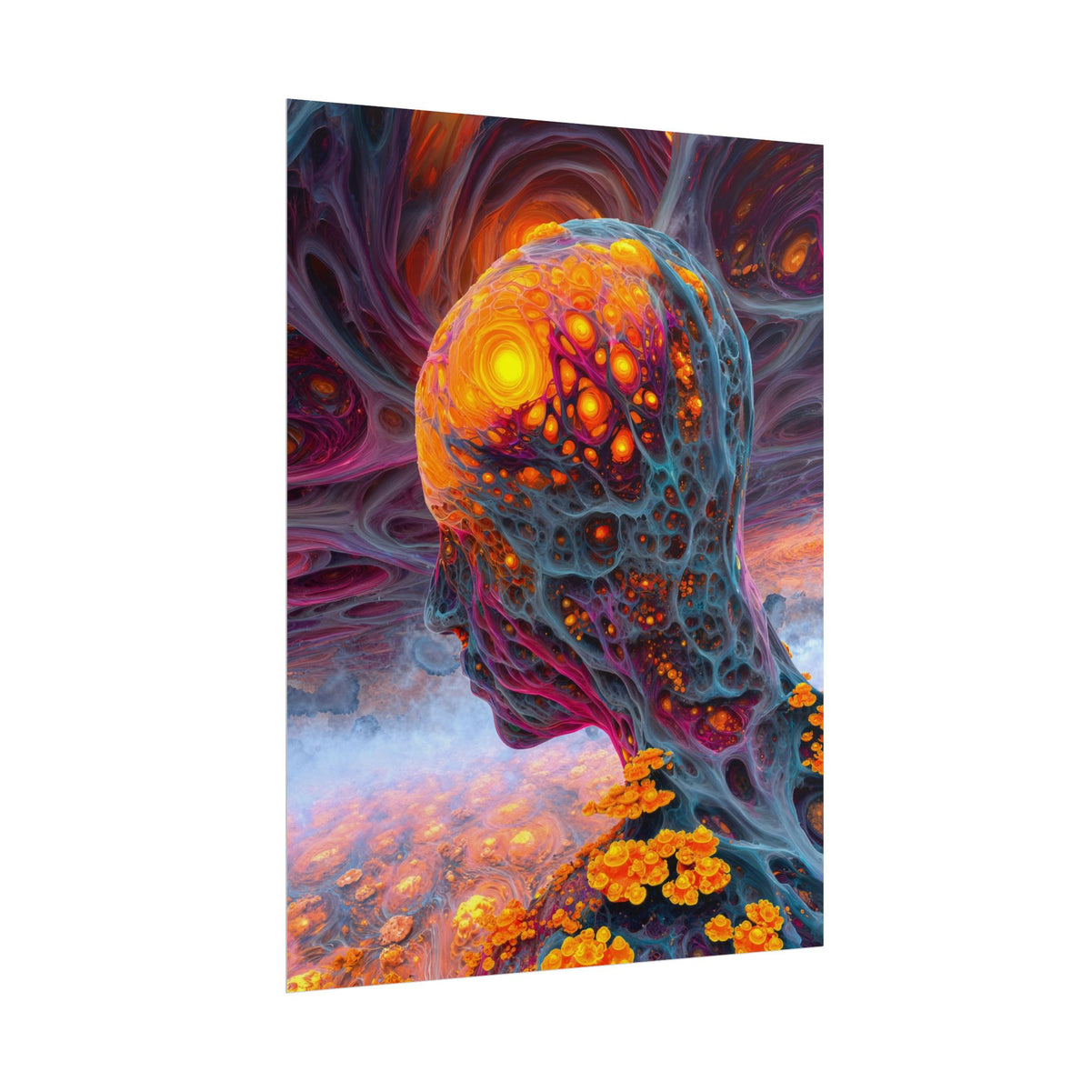 The Mind Becomes a Sun rolled art print, 18 × 24 in with a glowing golden head amid flowing blue and violet forms