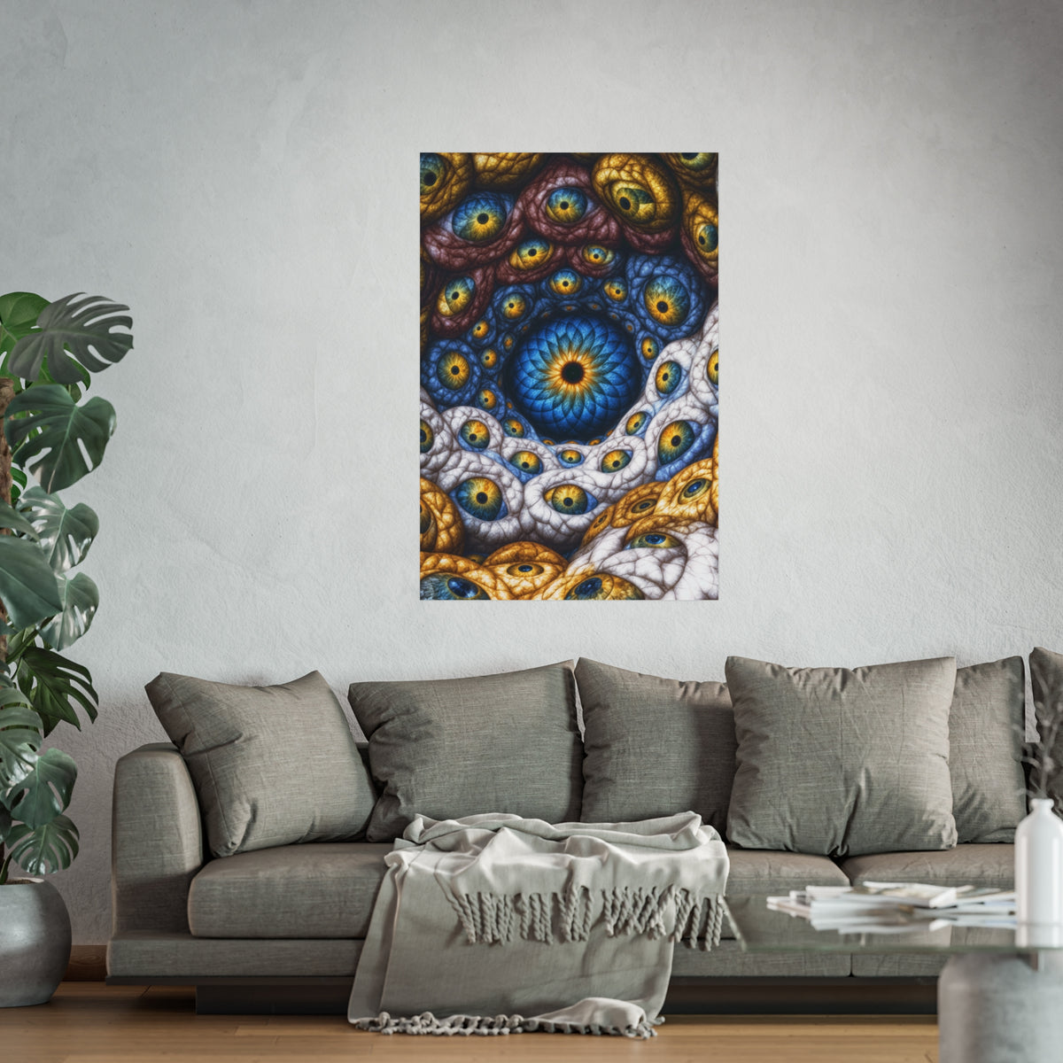 The Many Eyes of One Awareness — Large Matte Poster, 32 × 48 in — interwoven blue and gold eyes in ivory, ochre and mauve forms