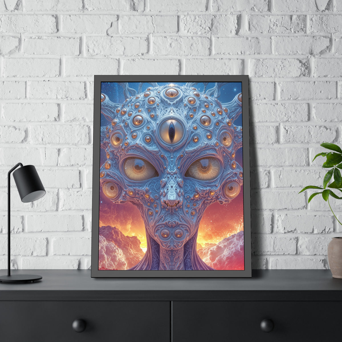 The Horizon Within the Gaze — Framed Fine Art Print, 24 × 32 in — intricate blue figure with amber eyes above luminous clouds