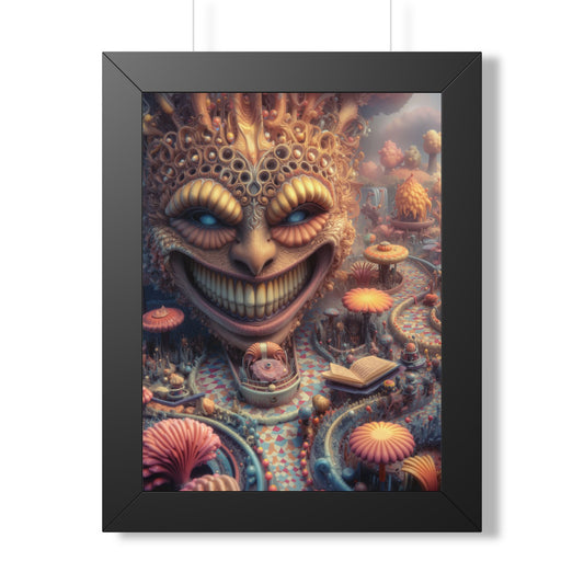 The Invitation Beneath the Grin — Black Framed Print, 12 × 16 in — ornate grinning face above winding mosaic paths and coral garden forms