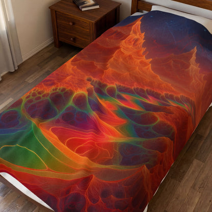 The Current Remembers velveteen plush blanket, 60 × 80 in with a luminous winding current and orange mountains beneath a starry sky