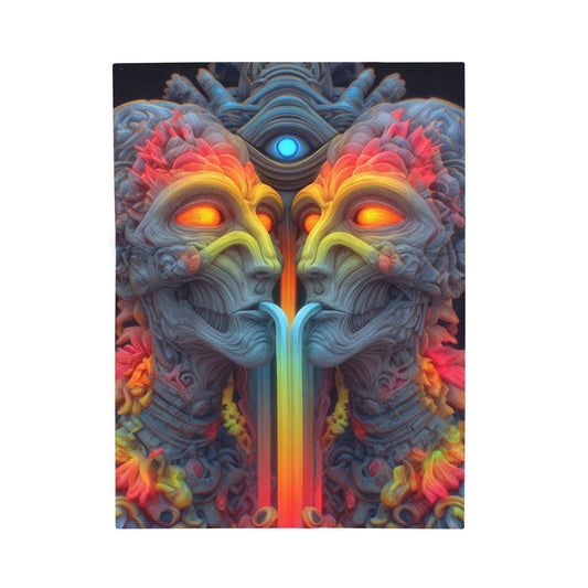 Where the Mirror Becomes a River — Velveteen Plush Blanket, 30 × 40 in — mirrored faces with glowing eyes and a shared stream of color