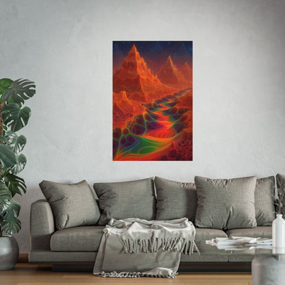 The Current Remembers large matte poster, 32 × 48 in with a luminous winding current and orange mountains beneath a starry sky