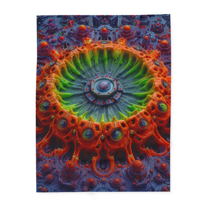 The Center Is a Choreography — Arctic Fleece Blanket, 60 × 80 in — orange and lime radial machinery with a violet core