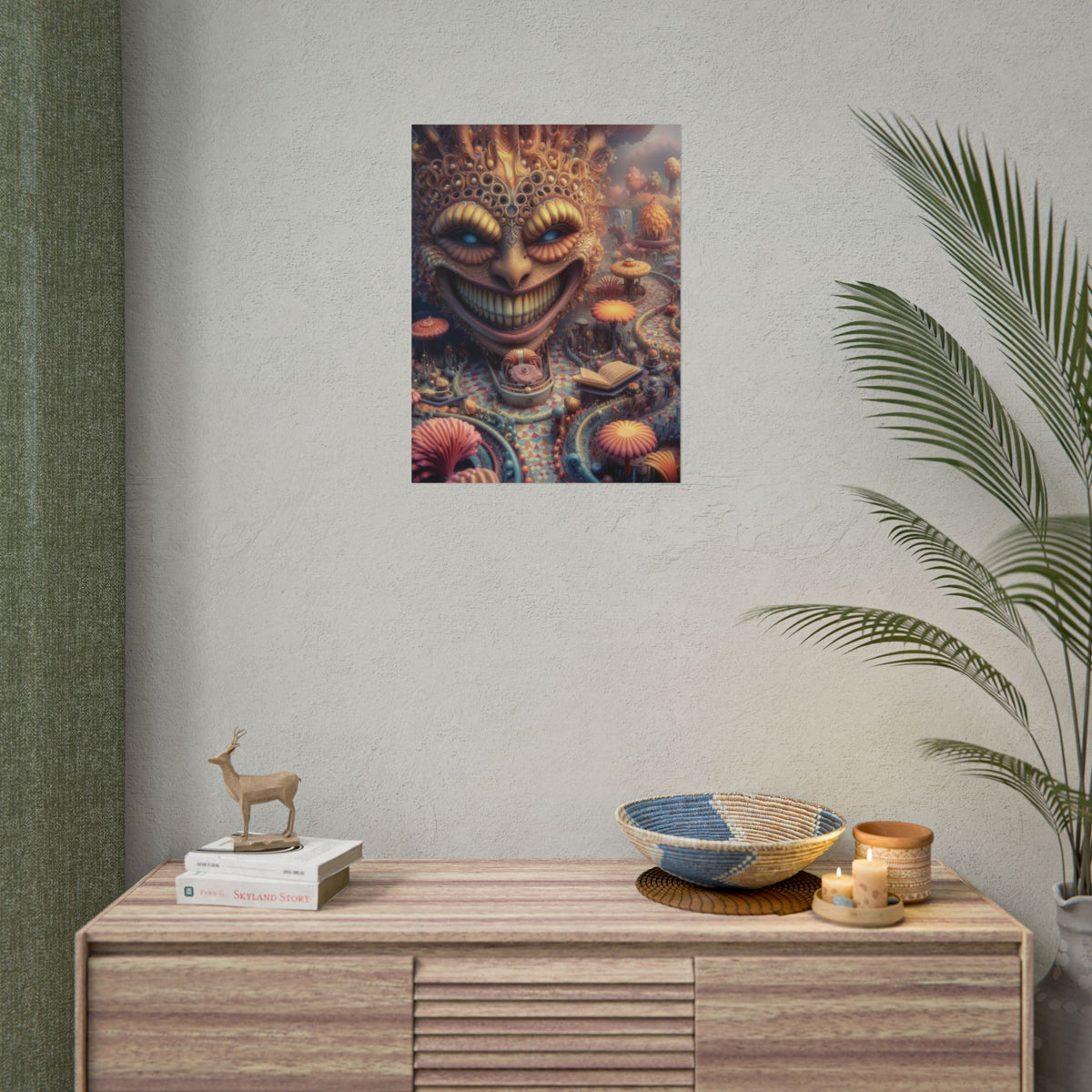 The Invitation Beneath the Grin — Rolled Art Print, 18 × 24 in — ornate grinning face above winding mosaic paths and coral garden forms