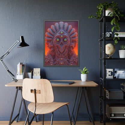 Where Every Gaze Becomes a Center — Framed Fine Art Print, 24 × 32 in — many-eyed figure with a rippling crown against an orange sky