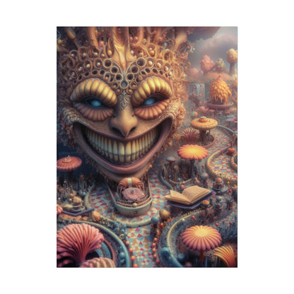 The Invitation Beneath the Grin — Rolled Art Print, 18 × 24 in — ornate grinning face above winding mosaic paths and coral garden forms