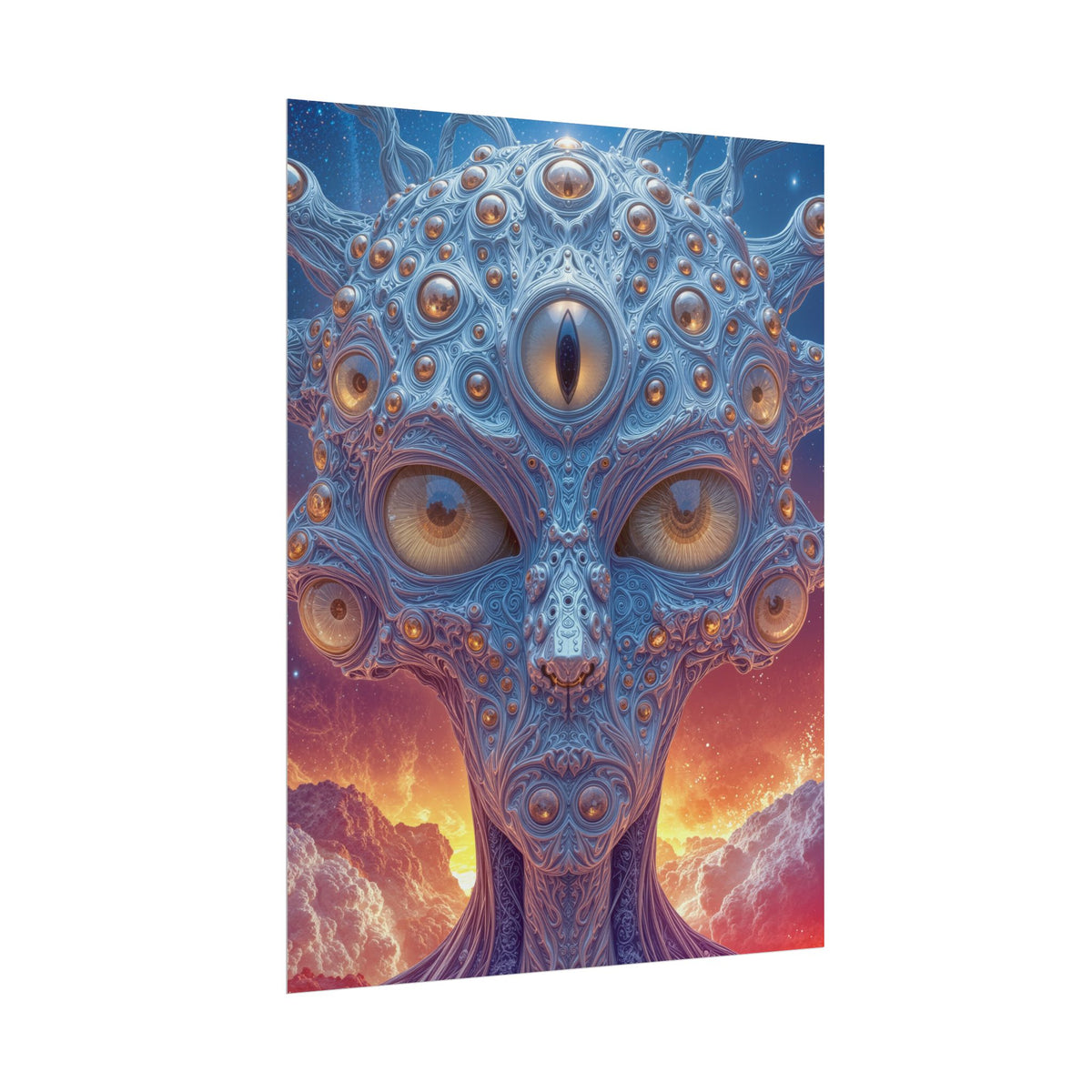 The Horizon Within the Gaze — Rolled Art Print, 18 × 24 in — intricate blue figure with amber eyes above luminous clouds