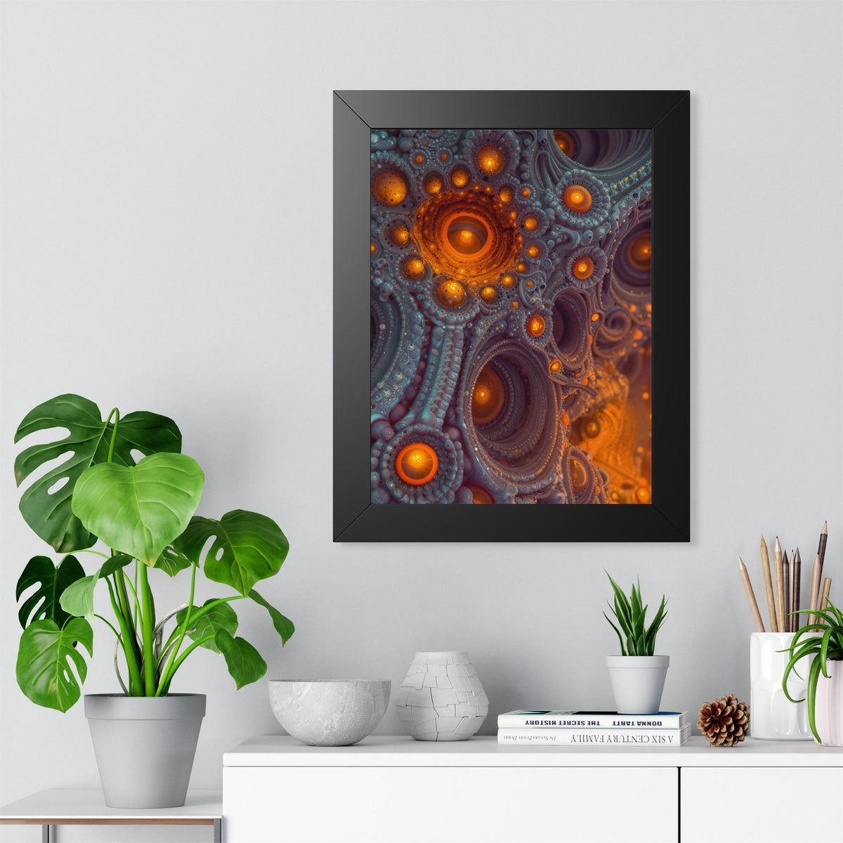 The Architecture of Inner Light — Black Framed Print, 12 × 16 in — glowing amber chambers in intricate blue-gray and violet structures