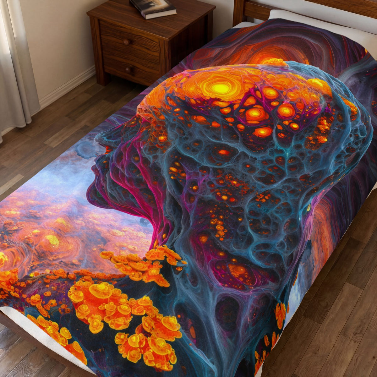 The Mind Becomes a Sun velveteen plush blanket, 60 × 80 in with a glowing golden head amid flowing blue and violet forms