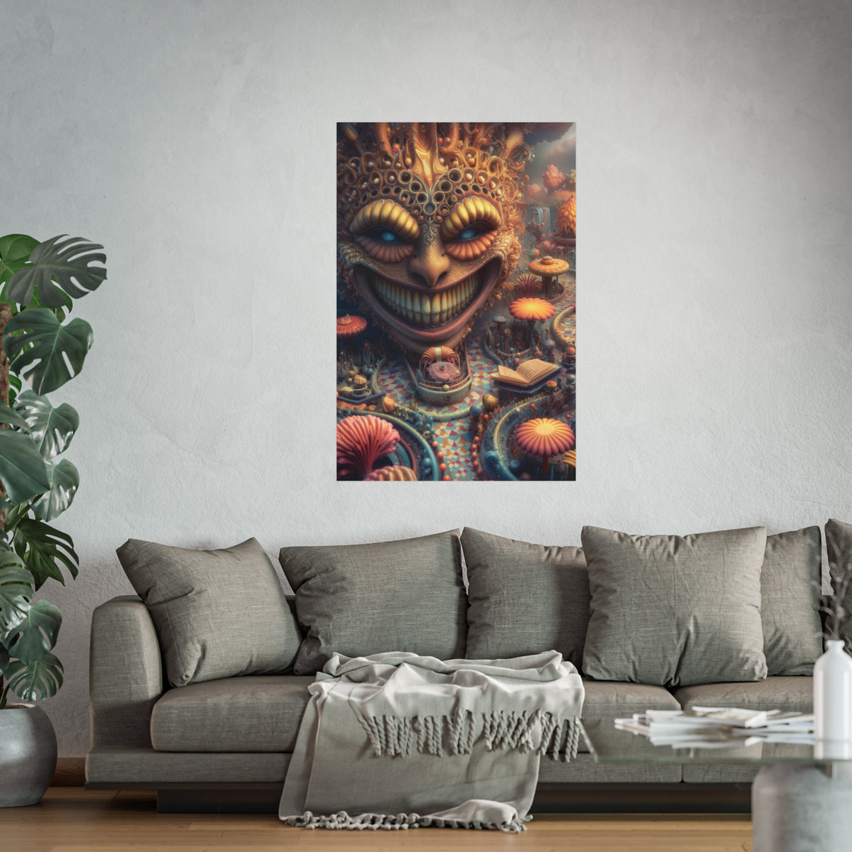 The Invitation Beneath the Grin — Large Matte Poster, 32 × 48 in — ornate grinning face above winding mosaic paths and coral garden forms