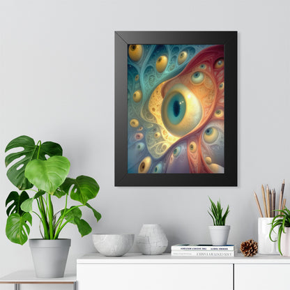 A Chorus of Seeing 12 × 16 inch art print in a black frame, with teal and golden psychedelic eye artwork