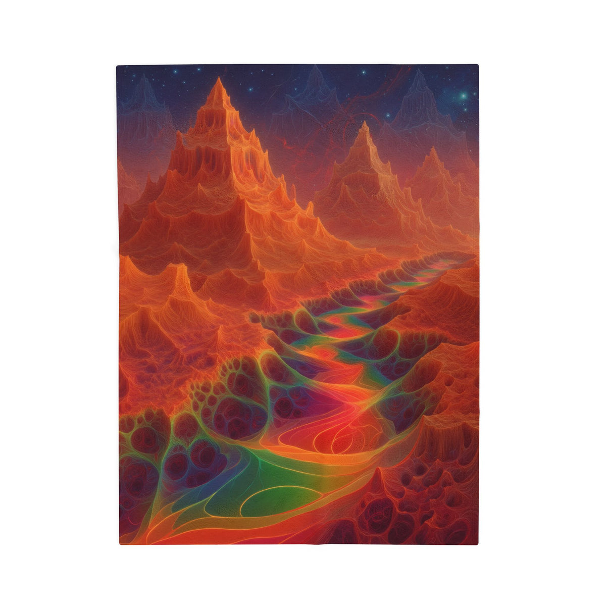 The Current Remembers velveteen plush blanket, 30 × 40 in with a luminous winding current and orange mountains beneath a starry sky