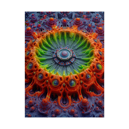 The Center Is a Choreography — Rolled Art Print, 18 × 24 in — orange and lime radial machinery with a violet core