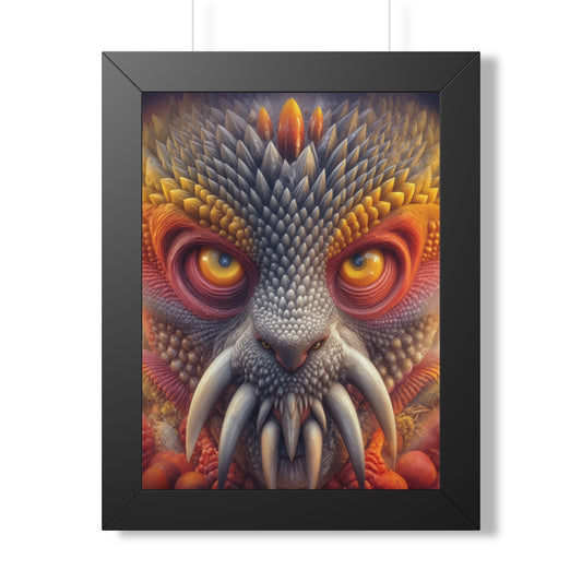 The Wisdom Beneath the Armor — Black Framed Print, 12 × 16 in — golden-eyed creature with layered gray spines and ivory tusks
