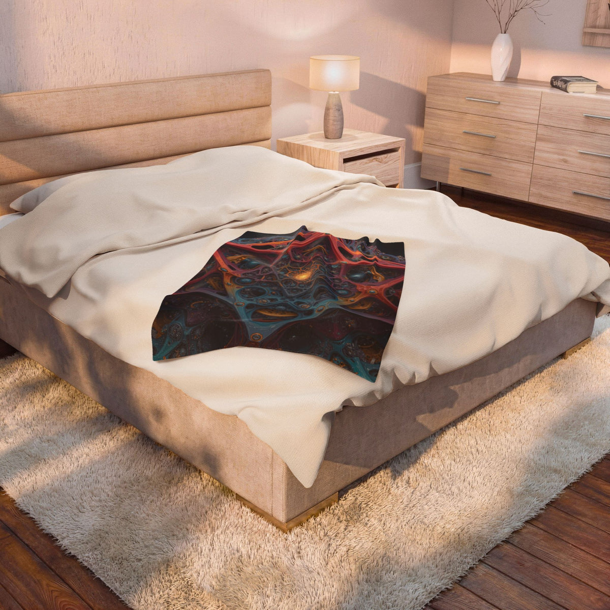 The Geometry of Surrender — Velveteen Plush Blanket, 30 × 40 in — interlocking coral and blue forms around a golden center