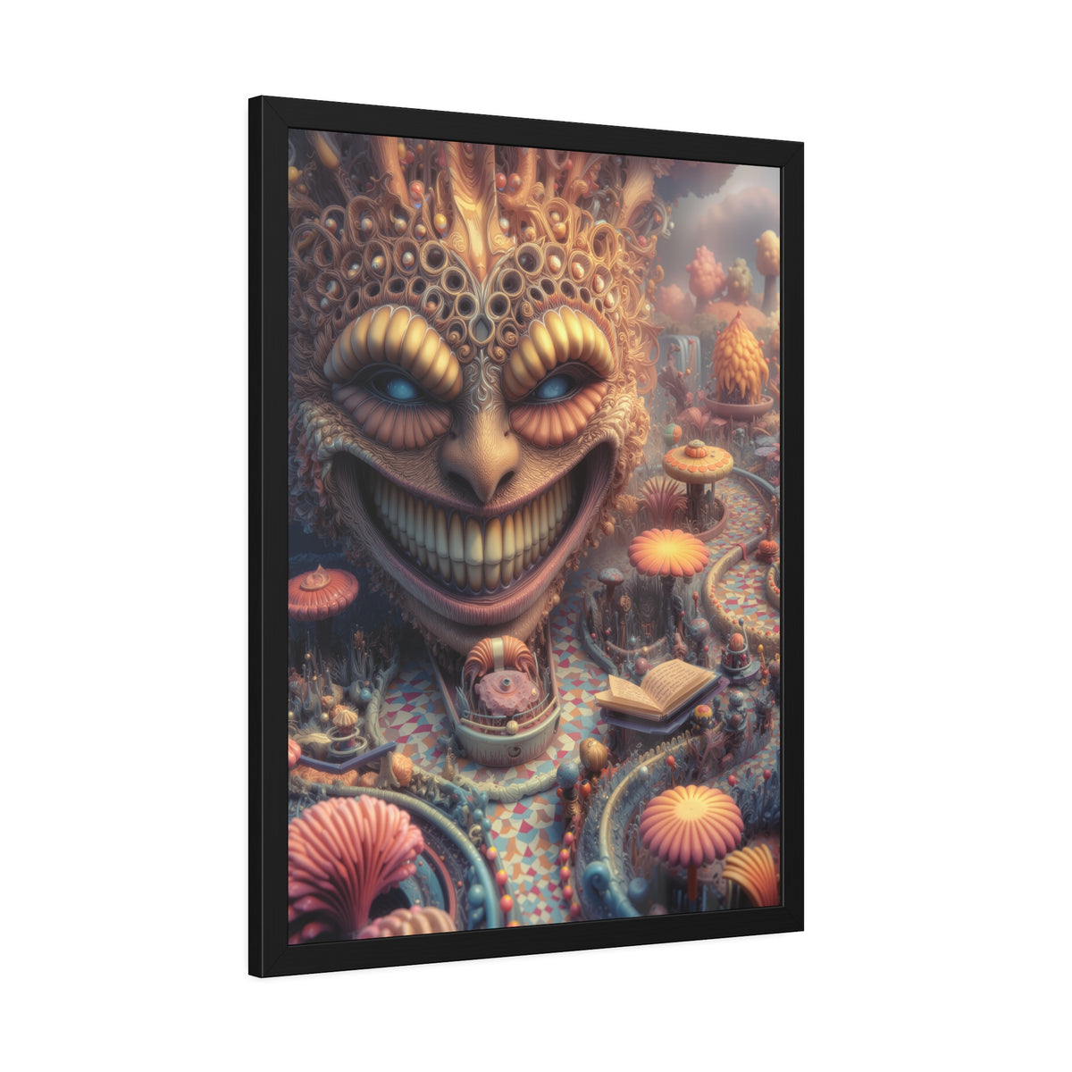 The Invitation Beneath the Grin — Framed Fine Art Print, 24 × 32 in — ornate grinning face above winding mosaic paths and coral garden forms
