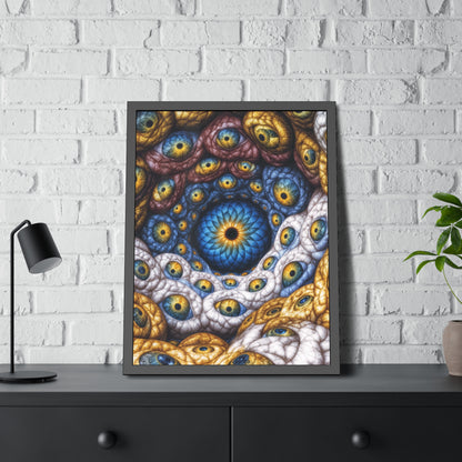 The Many Eyes of One Awareness — Framed Fine Art Print, 24 × 32 in — interwoven blue and gold eyes in ivory, ochre and mauve forms