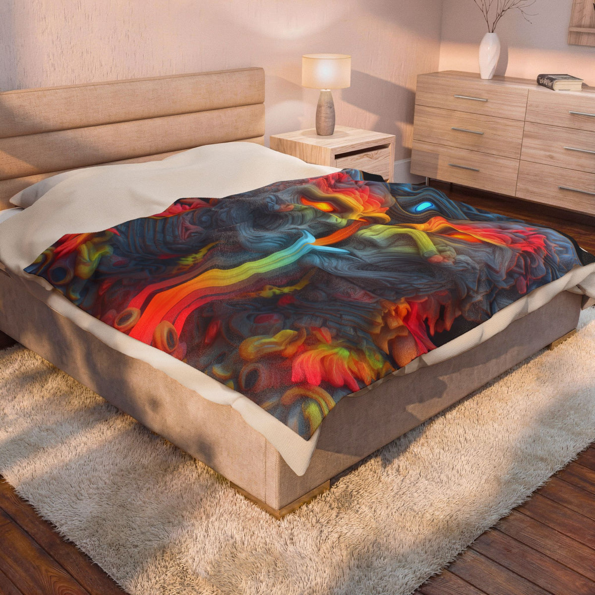 Where the Mirror Becomes a River — Velveteen Plush Blanket, 60 × 80 in — mirrored faces with glowing eyes and a shared stream of color
