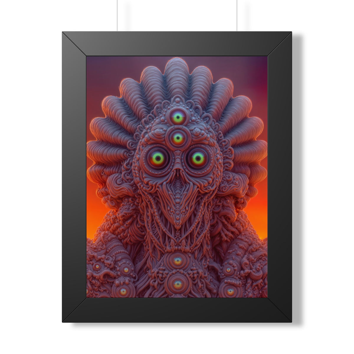 Where Every Gaze Becomes a Center — Black Framed Print, 12 × 16 in — many-eyed figure with a rippling crown against an orange sky