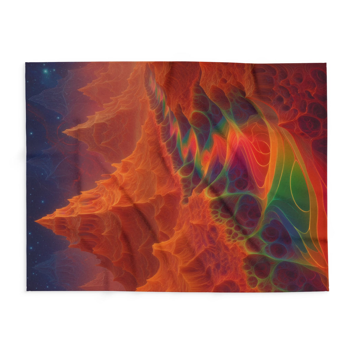 The Current Remembers arctic fleece blanket, 60 × 80 in with a luminous winding current and orange mountains beneath a starry sky