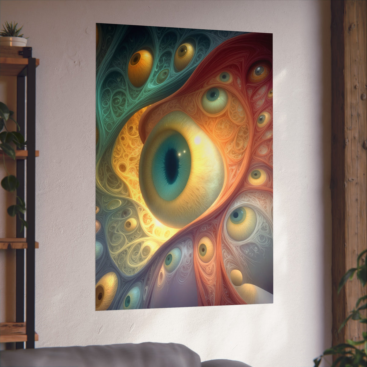 A Chorus of Seeing 32 × 48 inch large matte poster with luminous eyes and flowing blue, red and gold forms